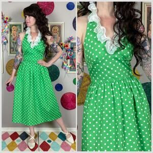 Vintage 1970s Lime Green Polka Dot Ruffle Halter Dress